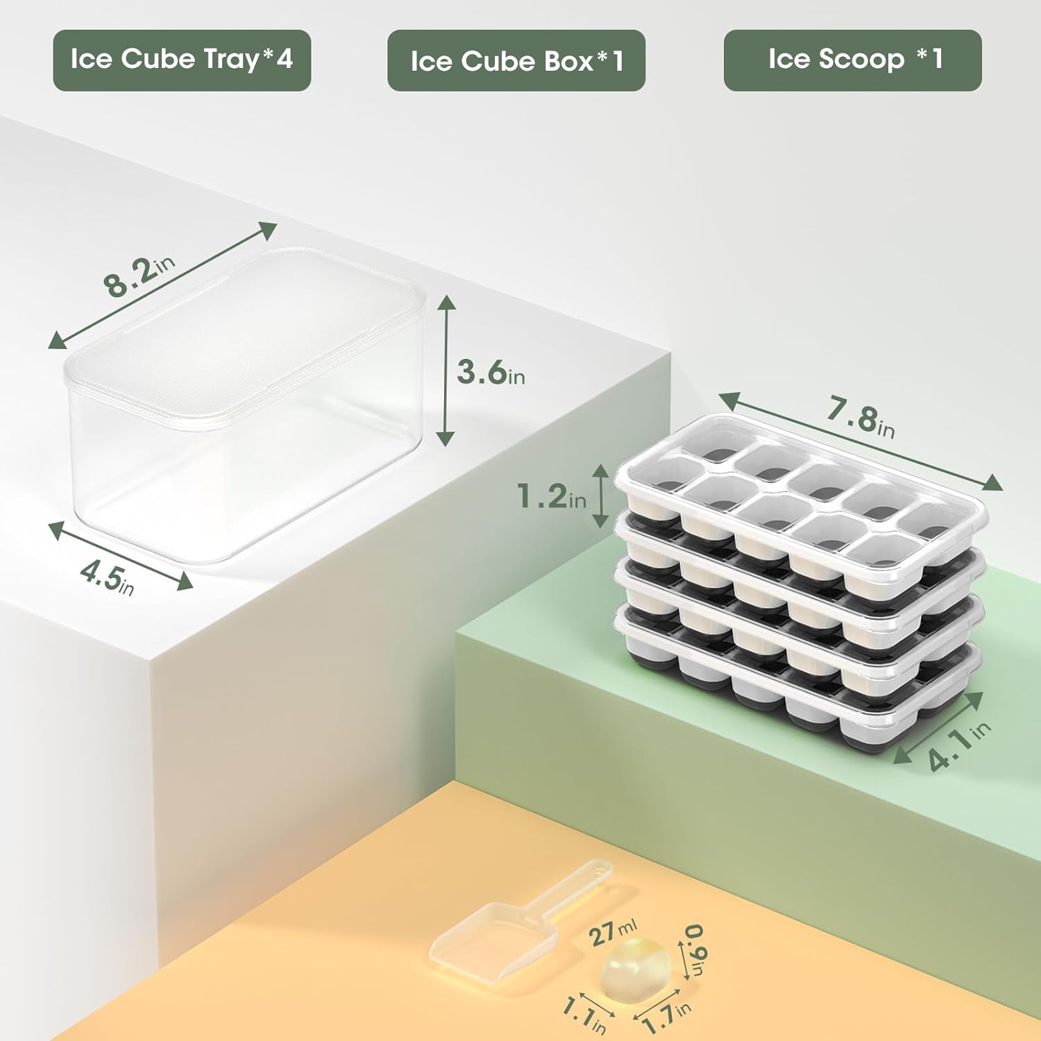 DOQAUS Ice Cube Tray with Lid and Bin - 4 Pack Silicone Ice Cube Trays for Freezer, Stackable Ice Bucket Kits with Storage Container & Scoop for Kitchen, RV, Cocktail, Coffee Quick Pick Grocers