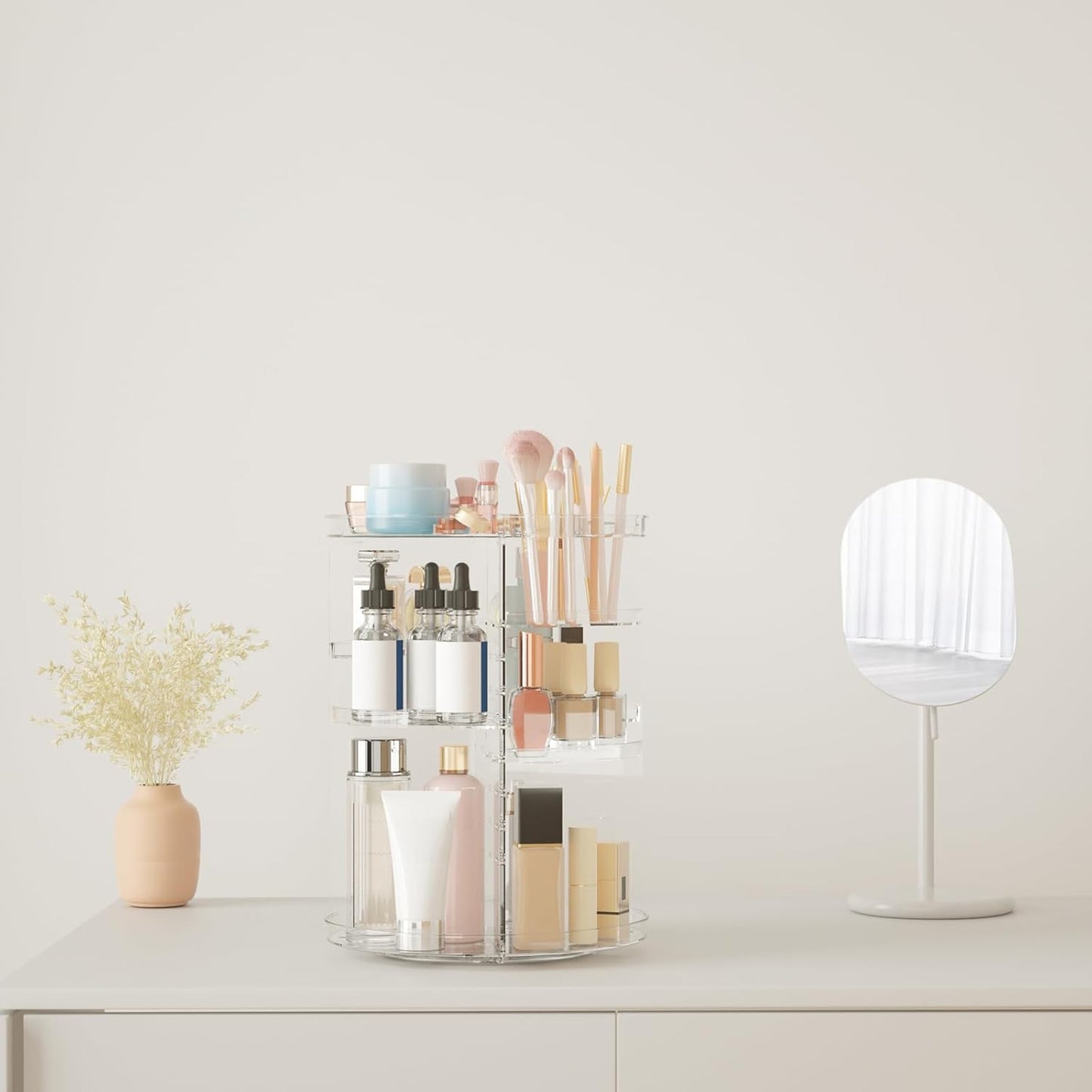 Rotating Makeup Organizer, DIY 8 Adjustable Layers Spinning Skincare Storage, Cosmetic Display Case with Brush Holder and Perfume Tray, Multi-Function Vanity Bathroom Countertop Organizer Clear Quick Pick Grocers