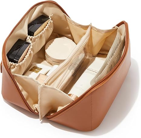 EACHY Travel Makeup Bag, Large Capacity Cosmetic Bag for Women, Waterproof PU Leather, Flat Open Portable Toiletry Bag for Skincare, Brushes & Travel Essentials Quick Pick Grocers