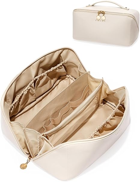 EACHY Travel Makeup Bag, Large Capacity Cosmetic Bag for Women, Waterproof PU Leather, Flat Open Portable Toiletry Bag for Skincare, Brushes & Travel Essentials Quick Pick Grocers