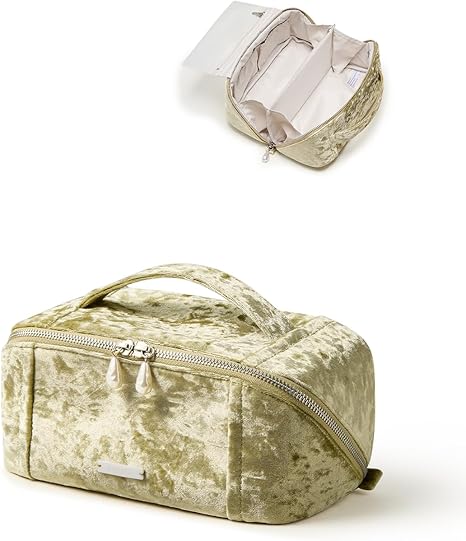 EACHY Travel Makeup Bag, Large Capacity Cosmetic Bag for Women, Waterproof PU Leather, Flat Open Portable Toiletry Bag for Skincare, Brushes & Travel Essentials Quick Pick Grocers