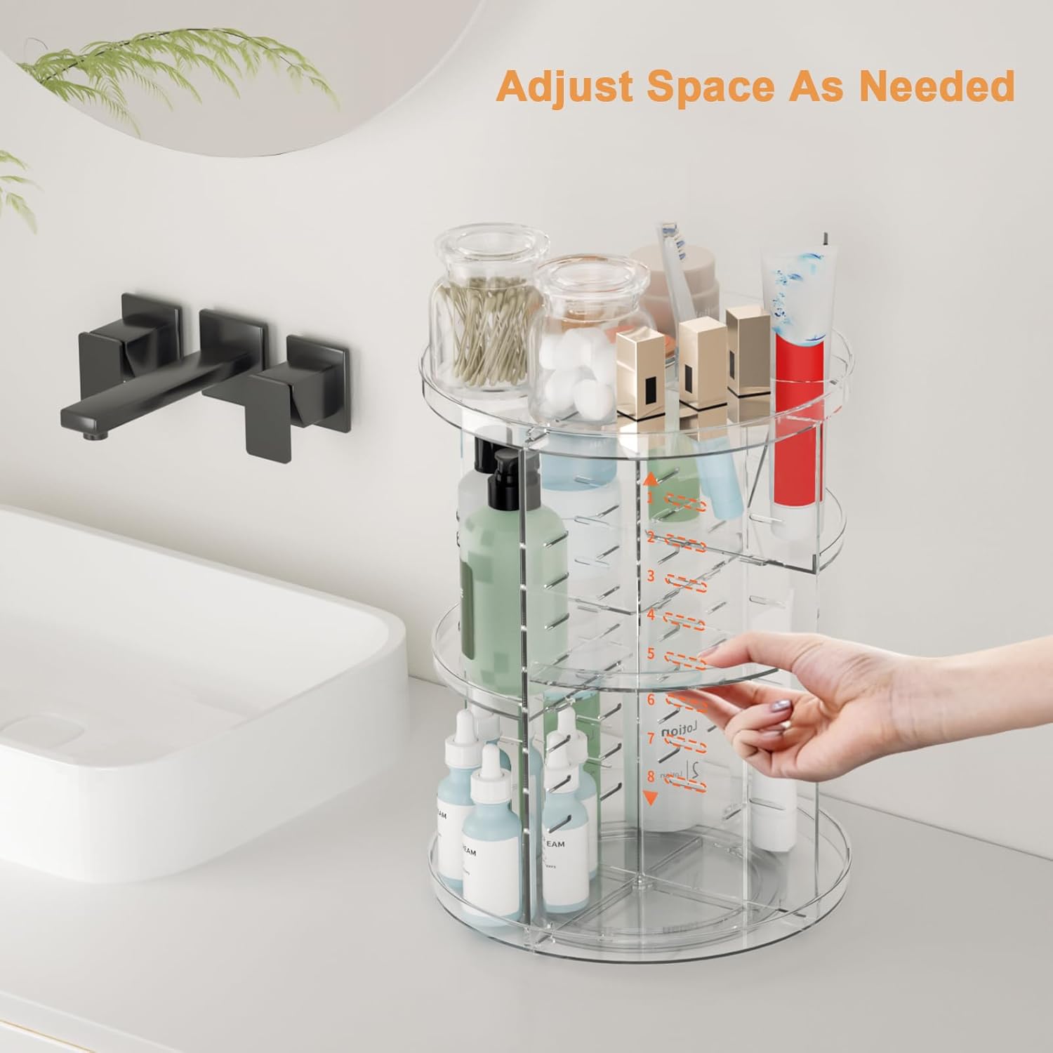 Rotating Makeup Organizer, DIY 8 Adjustable Layers Spinning Skincare Storage, Cosmetic Display Case with Brush Holder and Perfume Tray, Multi-Function Vanity Bathroom Countertop Organizer Clear Quick Pick Grocers