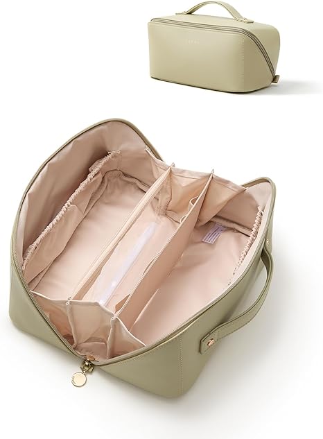 EACHY Travel Makeup Bag, Large Capacity Cosmetic Bag for Women, Waterproof PU Leather, Flat Open Portable Toiletry Bag for Skincare, Brushes & Travel Essentials Quick Pick Grocers