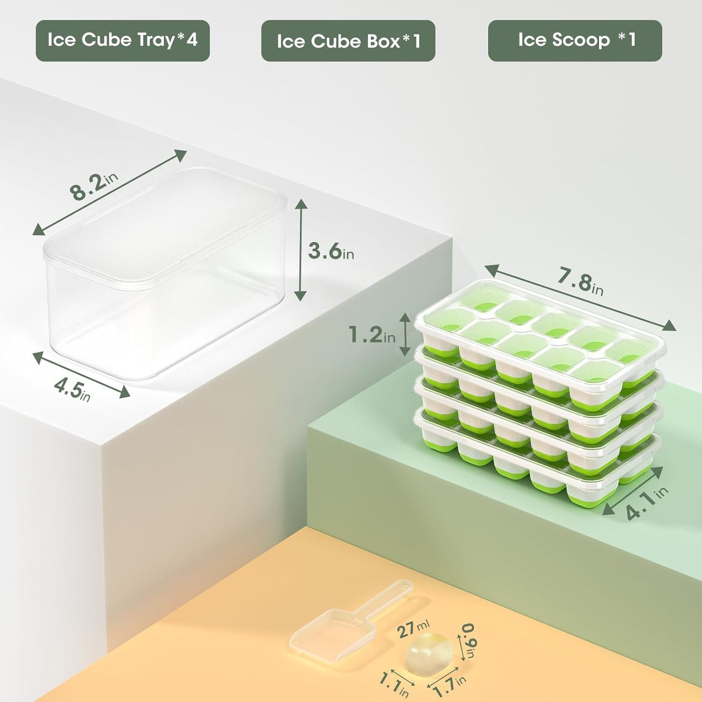 DOQAUS Ice Cube Tray with Lid and Bin - 4 Pack Silicone Ice Cube Trays for Freezer, Stackable Ice Bucket Kits with Storage Container & Scoop for Kitchen, RV, Cocktail, Coffee Quick Pick Grocers