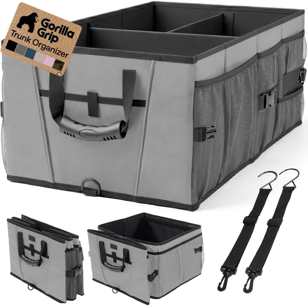 GORILLA GRIP Trunk Organizer for SUV and Cars, Large Capacity Collapsible Car Trunk Storage Organizer, Heavy Duty Car Accessories, Gifts for Mom and Dad, Slip & Water Resistant Multi Compartment Quick Pick Grocers