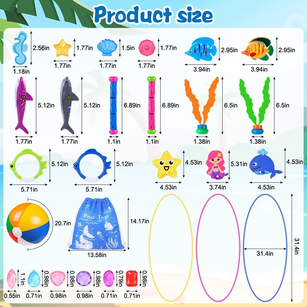 YUJUN Pool Diving Swimming Toys, Summer Underwater Game Toys with Pool Fishes Dive Sticks Rings Gems Storage Bag for Kids Swim Birthday Party Favors Quick Pick Grocers
