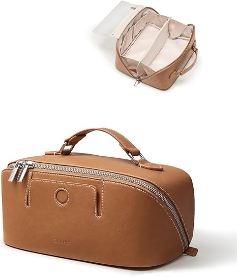 EACHY Travel Makeup Bag, Large Capacity Cosmetic Bag for Women, Waterproof PU Leather, Flat Open Portable Toiletry Bag for Skincare, Brushes & Travel Essentials Quick Pick Grocers