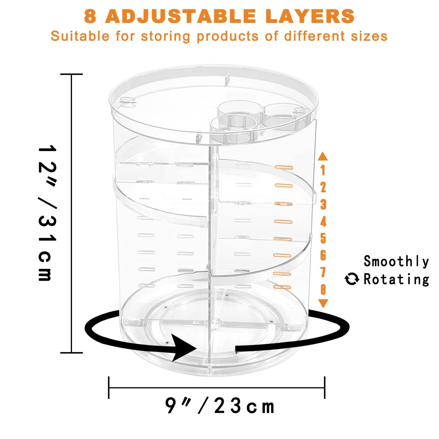 Rotating Makeup Organizer, DIY 8 Adjustable Layers Spinning Skincare Storage, Cosmetic Display Case with Brush Holder and Perfume Tray, Multi-Function Vanity Bathroom Countertop Organizer Clear Quick Pick Grocers
