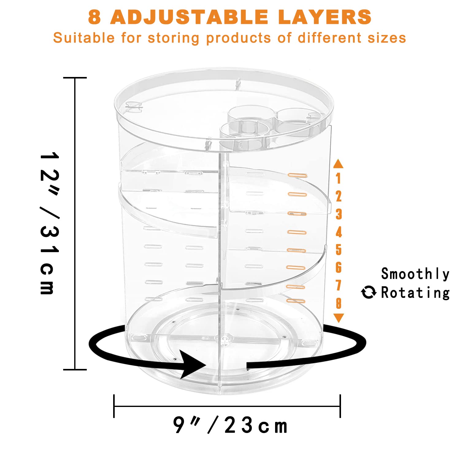 Rotating Makeup Organizer, DIY 8 Adjustable Layers Spinning Skincare Storage, Cosmetic Display Case with Brush Holder and Perfume Tray, Multi-Function Vanity Bathroom Countertop Organizer Clear Quick Pick Grocers