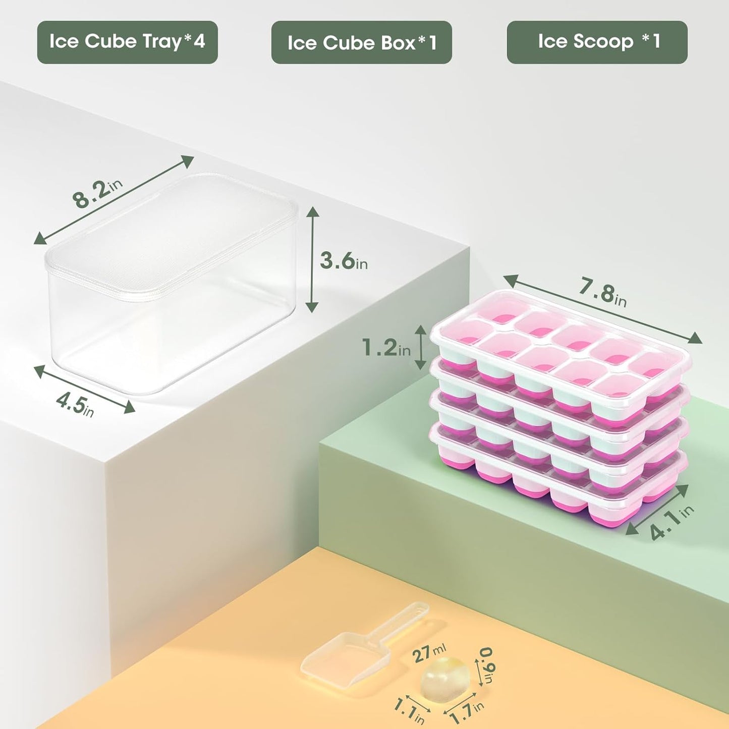 DOQAUS Ice Cube Tray with Lid and Bin - 4 Pack Silicone Ice Cube Trays for Freezer, Stackable Ice Bucket Kits with Storage Container & Scoop for Kitchen, RV, Cocktail, Coffee Quick Pick Grocers