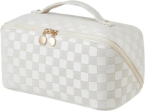 EACHY Travel Makeup Bag, Large Capacity Cosmetic Bag for Women, Waterproof PU Leather, Flat Open Portable Toiletry Bag for Skincare, Brushes & Travel Essentials Quick Pick Grocers