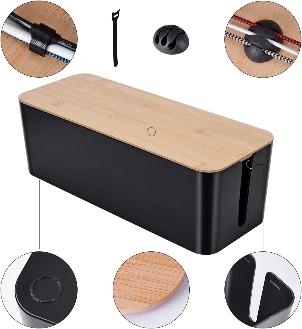 2 Pack Large Cable Management Box – Wooden Style Cord Organizer Box and Cover for TV Wires, Computer, Router, USB Hub and Under Desk Power Strip – Safe ABS Material and Baby-Pets Proof Lock Quick Pick Grocers