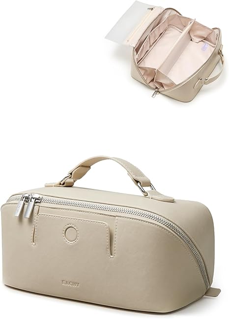 EACHY Travel Makeup Bag, Large Capacity Cosmetic Bag for Women, Waterproof PU Leather, Flat Open Portable Toiletry Bag for Skincare, Brushes & Travel Essentials Quick Pick Grocers