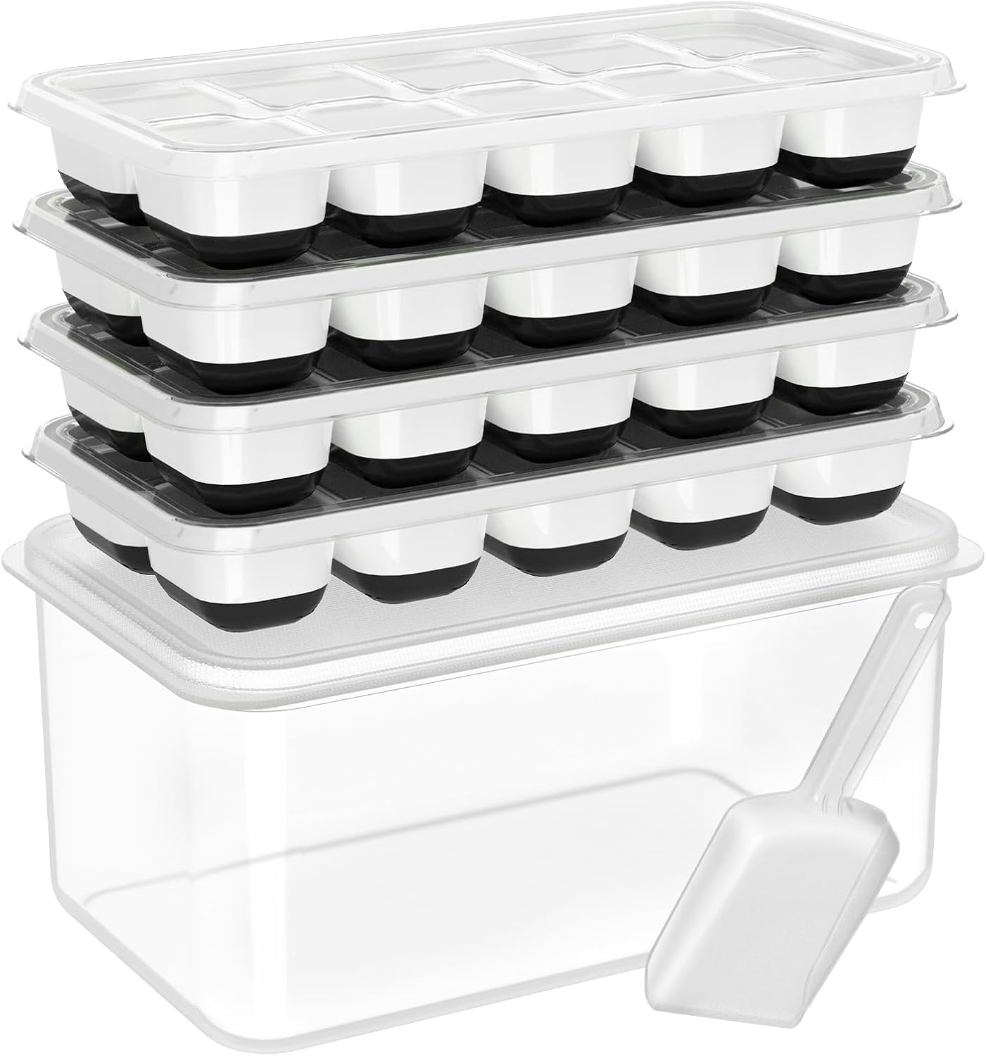 DOQAUS Ice Cube Tray with Lid and Bin - 4 Pack Silicone Ice Cube Trays for Freezer, Stackable Ice Bucket Kits with Storage Container & Scoop for Kitchen, RV, Cocktail, Coffee Quick Pick Grocers