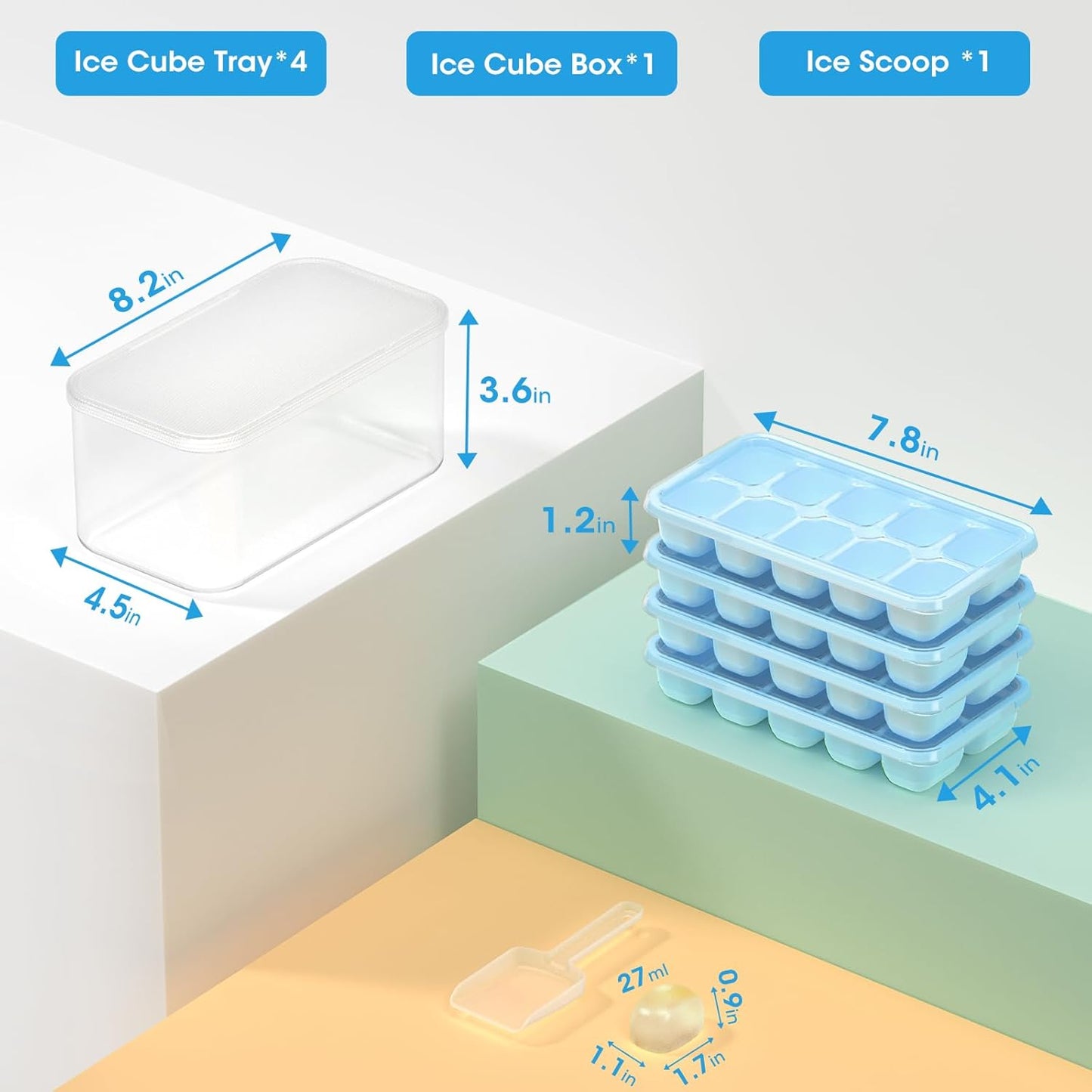 DOQAUS Ice Cube Tray with Lid and Bin - 4 Pack Silicone Ice Cube Trays for Freezer, Stackable Ice Bucket Kits with Storage Container & Scoop for Kitchen, RV, Cocktail, Coffee Quick Pick Grocers