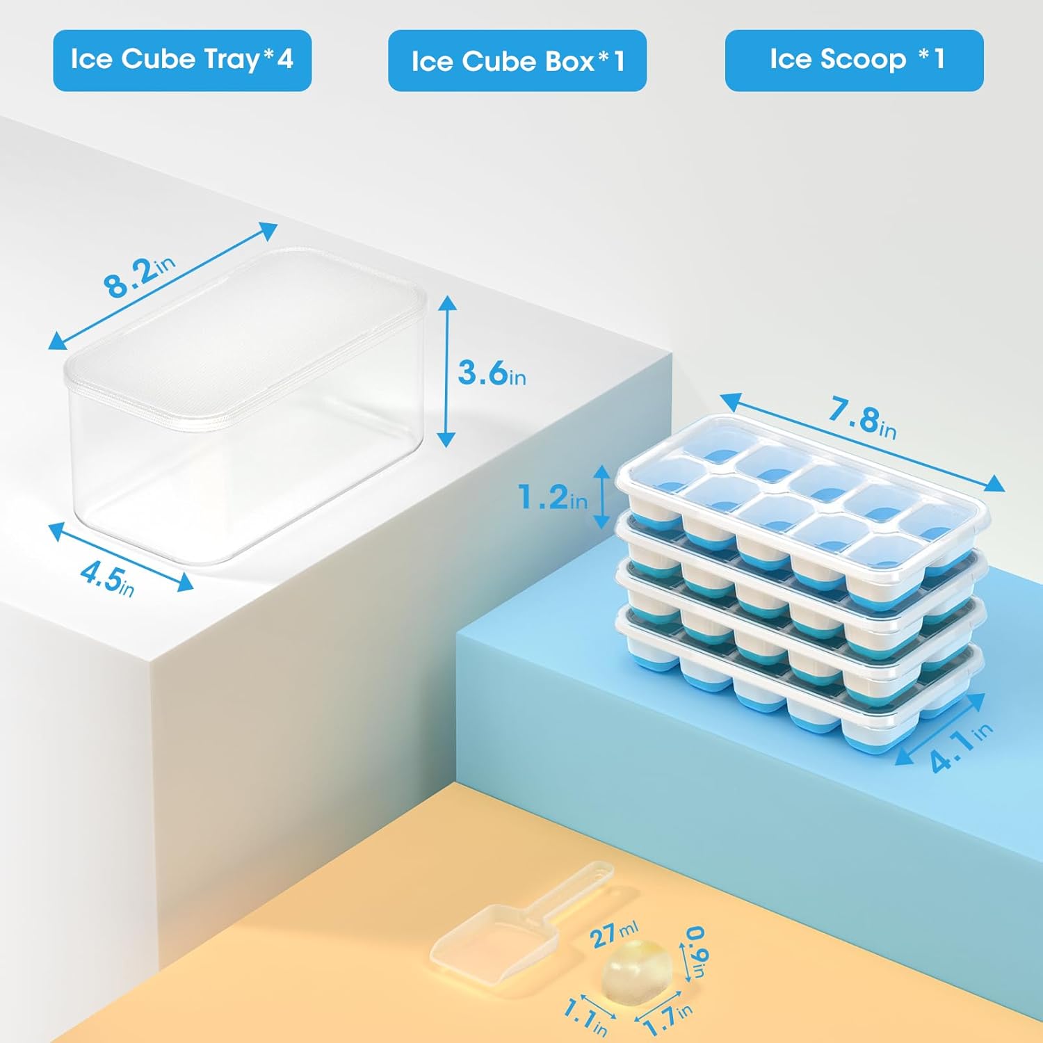DOQAUS Ice Cube Tray with Lid and Bin - 4 Pack Silicone Ice Cube Trays for Freezer, Stackable Ice Bucket Kits with Storage Container & Scoop for Kitchen, RV, Cocktail, Coffee Quick Pick Grocers