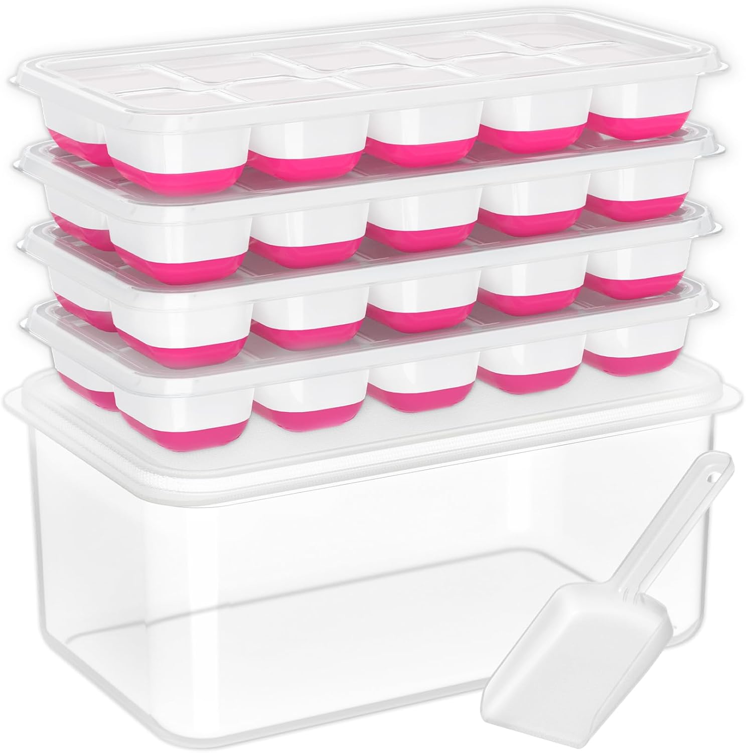 DOQAUS Ice Cube Tray with Lid and Bin - 4 Pack Silicone Ice Cube Trays for Freezer, Stackable Ice Bucket Kits with Storage Container & Scoop for Kitchen, RV, Cocktail, Coffee Quick Pick Grocers