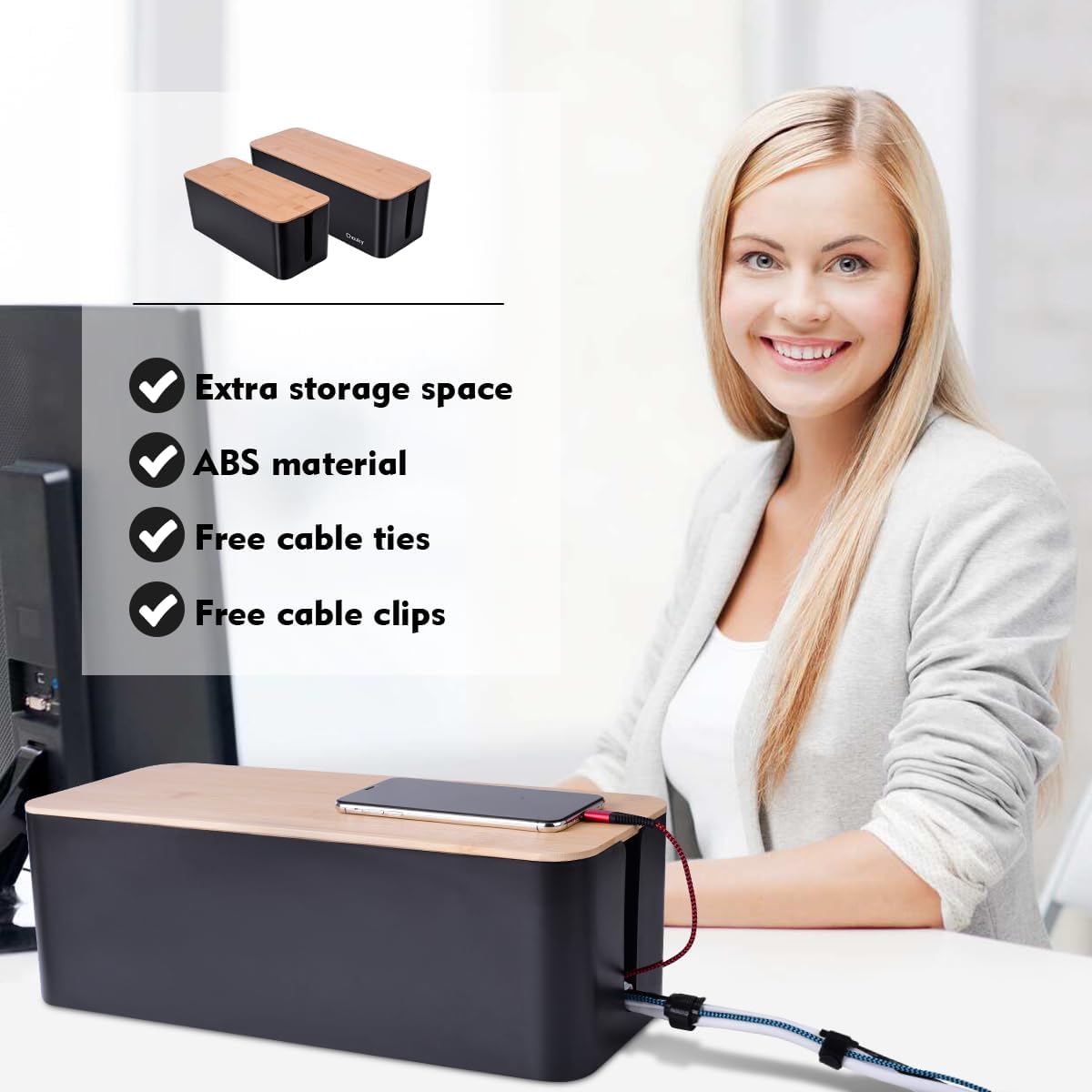 2 Pack Large Cable Management Box – Wooden Style Cord Organizer Box and Cover for TV Wires, Computer, Router, USB Hub and Under Desk Power Strip – Safe ABS Material and Baby-Pets Proof Lock Quick Pick Grocers