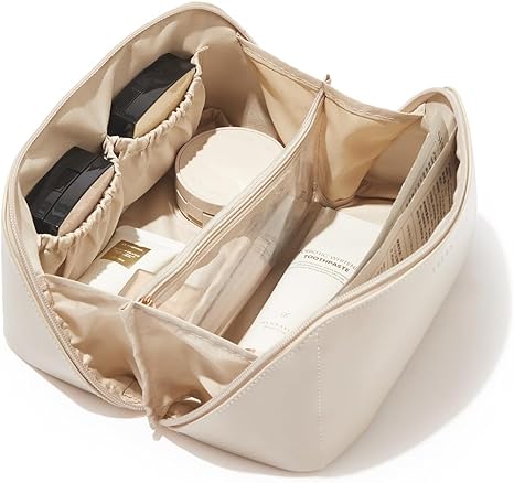 EACHY Travel Makeup Bag, Large Capacity Cosmetic Bag for Women, Waterproof PU Leather, Flat Open Portable Toiletry Bag for Skincare, Brushes & Travel Essentials Quick Pick Grocers