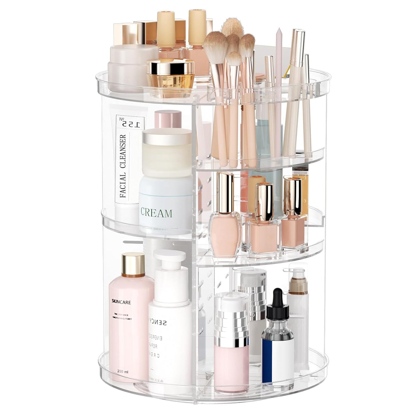 Rotating Makeup Organizer, DIY 8 Adjustable Layers Spinning Skincare Storage, Cosmetic Display Case with Brush Holder and Perfume Tray, Multi-Function Vanity Bathroom Countertop Organizer Clear Quick Pick Grocers