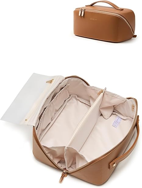 EACHY Travel Makeup Bag, Large Capacity Cosmetic Bag for Women, Waterproof PU Leather, Flat Open Portable Toiletry Bag for Skincare, Brushes & Travel Essentials Quick Pick Grocers