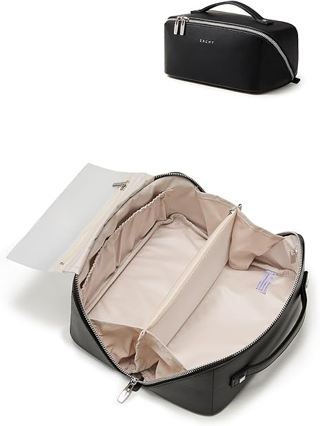 EACHY Travel Makeup Bag, Large Capacity Cosmetic Bag for Women, Waterproof PU Leather, Flat Open Portable Toiletry Bag for Skincare, Brushes & Travel Essentials Quick Pick Grocers