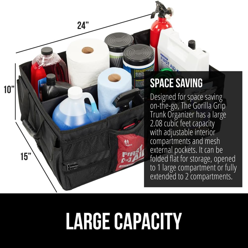 GORILLA GRIP Trunk Organizer for SUV and Cars, Large Capacity Collapsible Car Trunk Storage Organizer, Heavy Duty Car Accessories, Gifts for Mom and Dad, Slip & Water Resistant Multi Compartment Quick Pick Grocers