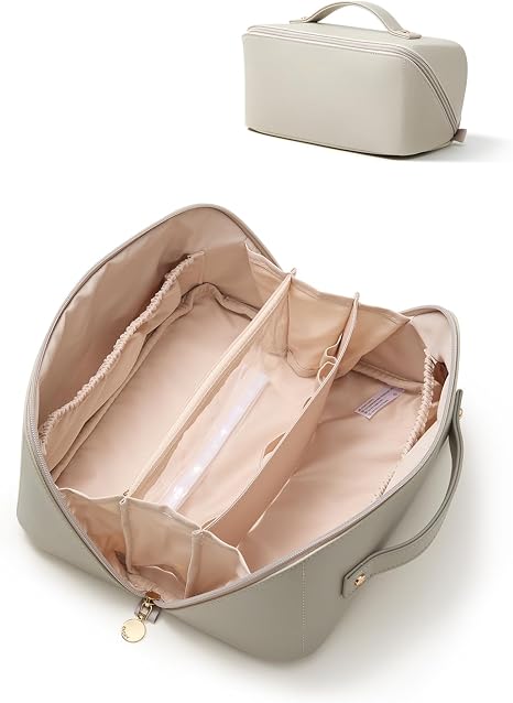 EACHY Travel Makeup Bag, Large Capacity Cosmetic Bag for Women, Waterproof PU Leather, Flat Open Portable Toiletry Bag for Skincare, Brushes & Travel Essentials Quick Pick Grocers