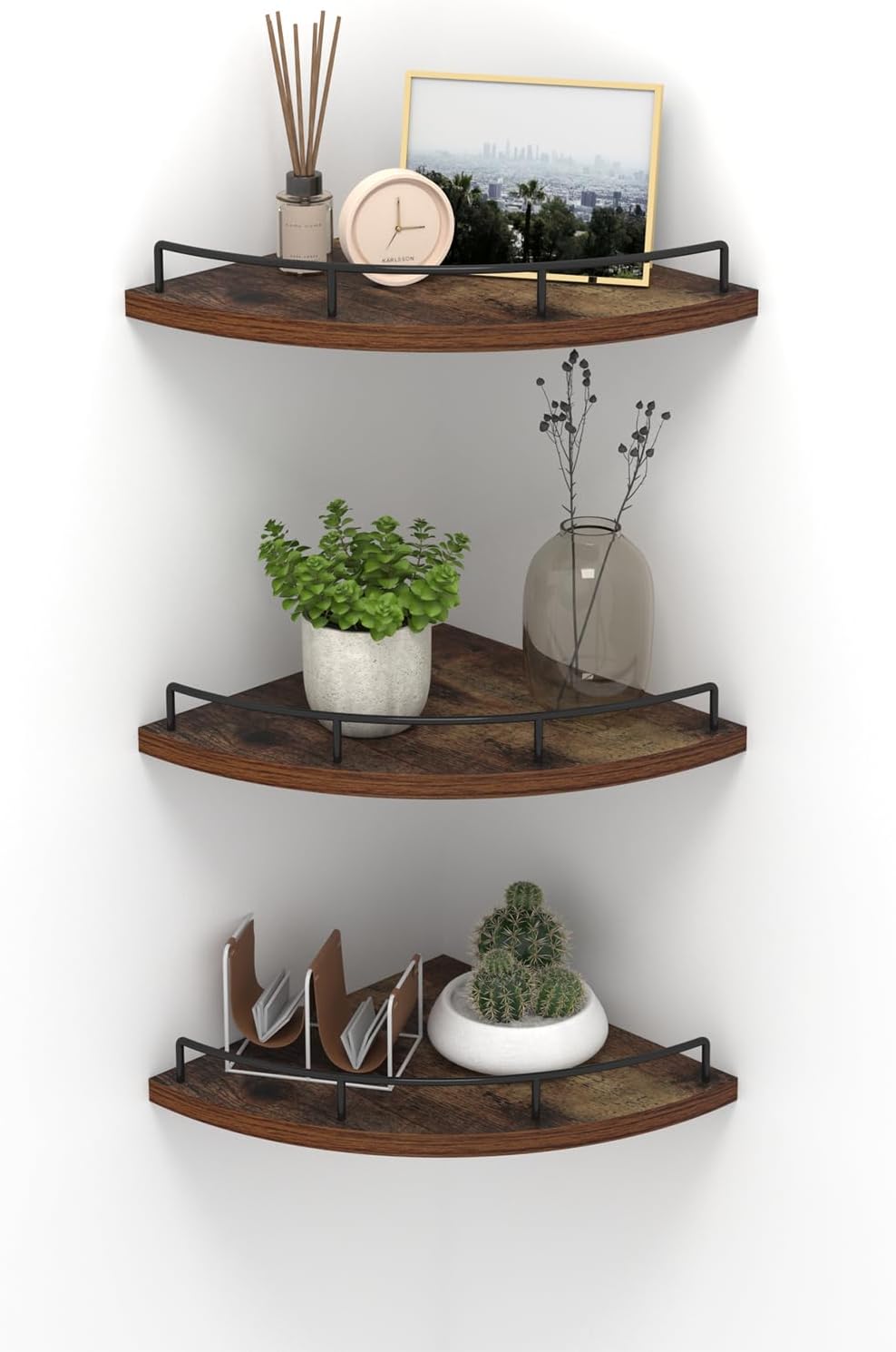 HORLIMER Floating Corner Shelf Wall Mount, Rustic Wood Corner Wall Shelves with Fence for Bedroom, Living Room, Bathroom, Kitchen Quick Pick Grocers