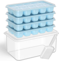 DOQAUS Ice Cube Tray with Lid and Bin - 4 Pack Silicone Ice Cube Trays for Freezer, Stackable Ice Bucket Kits with Storage Container & Scoop for Kitchen, RV, Cocktail, Coffee Quick Pick Grocers
