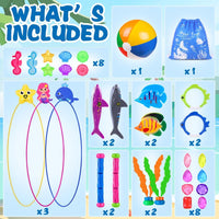 YUJUN Pool Diving Swimming Toys, Summer Underwater Game Toys with Pool Fishes Dive Sticks Rings Gems Storage Bag for Kids Swim Birthday Party Favors Quick Pick Grocers