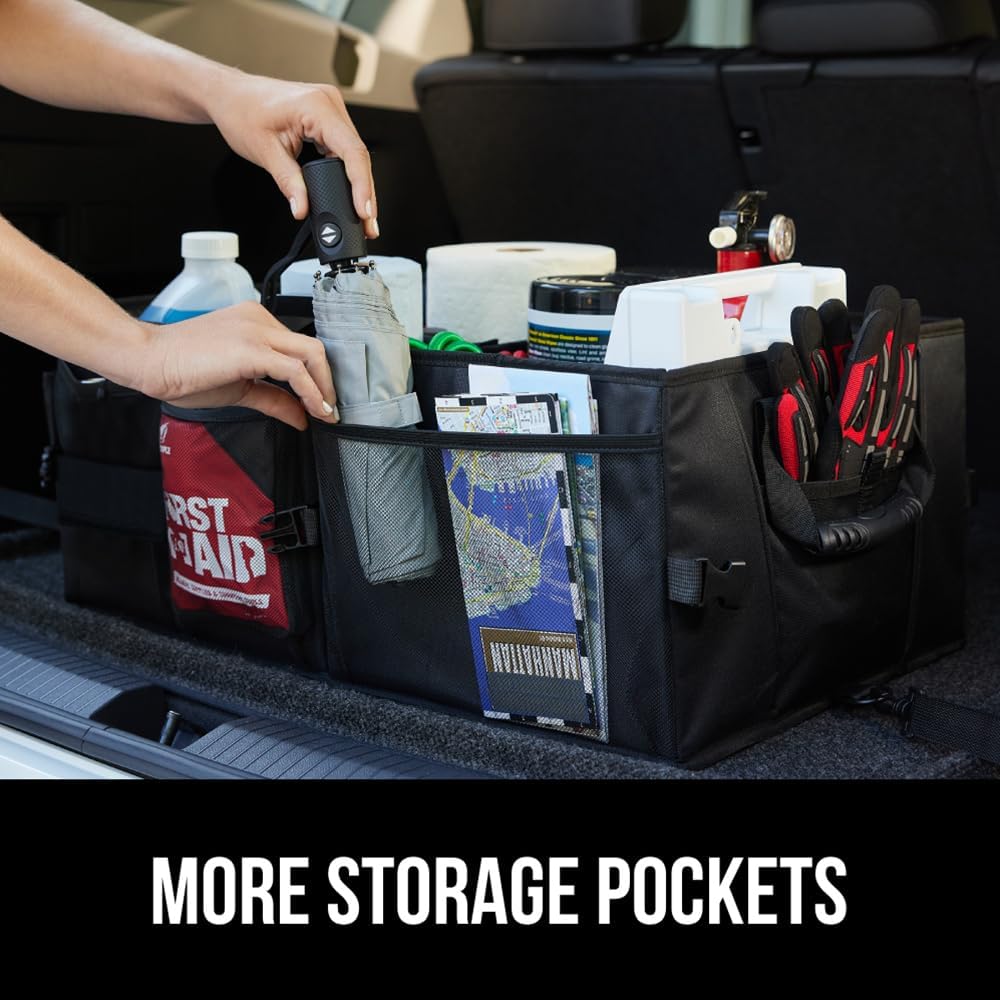 GORILLA GRIP Trunk Organizer for SUV and Cars, Large Capacity Collapsible Car Trunk Storage Organizer, Heavy Duty Car Accessories, Gifts for Mom and Dad, Slip & Water Resistant Multi Compartment Quick Pick Grocers