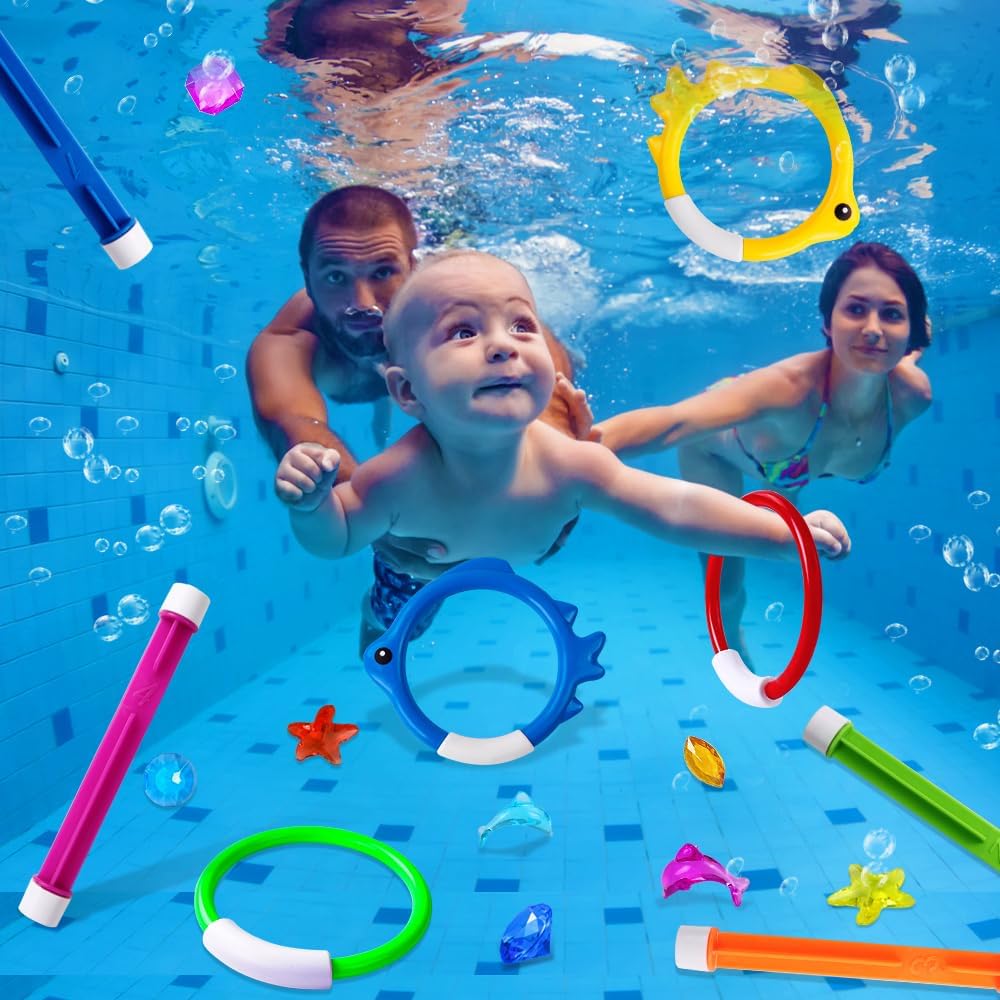 YUJUN Pool Diving Swimming Toys, Summer Underwater Game Toys with Pool Fishes Dive Sticks Rings Gems Storage Bag for Kids Swim Birthday Party Favors Quick Pick Grocers