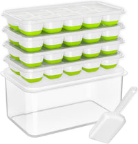 DOQAUS Ice Cube Tray with Lid and Bin - 4 Pack Silicone Ice Cube Trays for Freezer, Stackable Ice Bucket Kits with Storage Container & Scoop for Kitchen, RV, Cocktail, Coffee Quick Pick Grocers