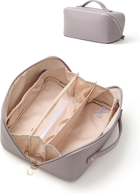 EACHY Travel Makeup Bag, Large Capacity Cosmetic Bag for Women, Waterproof PU Leather, Flat Open Portable Toiletry Bag for Skincare, Brushes & Travel Essentials Quick Pick Grocers