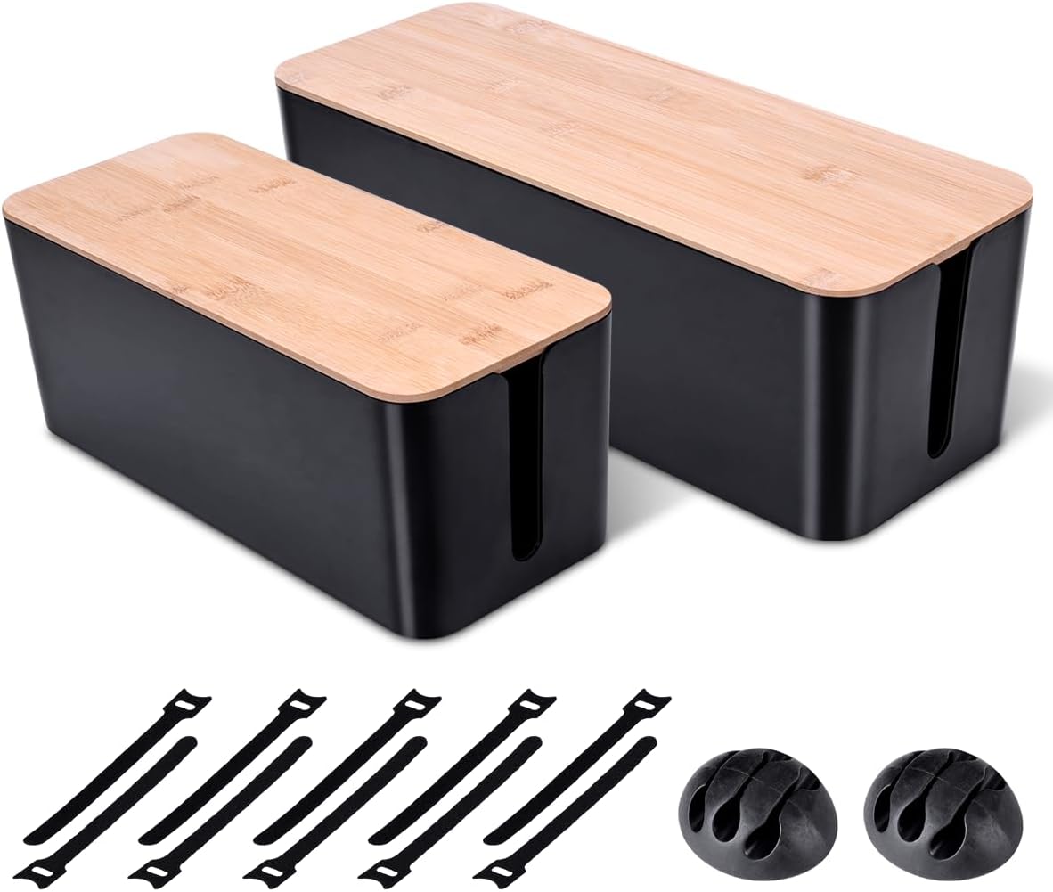 2 Pack Large Cable Management Box – Wooden Style Cord Organizer Box and Cover for TV Wires, Computer, Router, USB Hub and Under Desk Power Strip – Safe ABS Material and Baby-Pets Proof Lock Quick Pick Grocers
