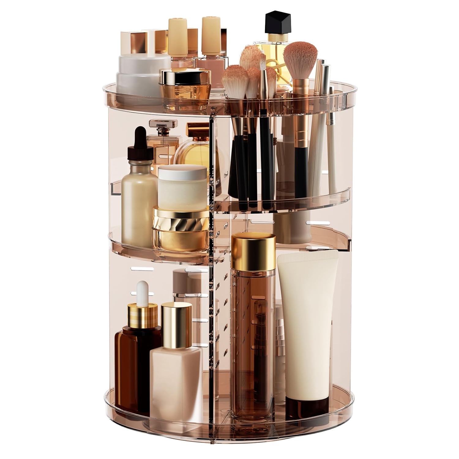 Rotating Makeup Organizer, DIY 8 Adjustable Layers Spinning Skincare Storage, Cosmetic Display Case with Brush Holder and Perfume Tray, Multi-Function Vanity Bathroom Countertop Organizer Clear Quick Pick Grocers