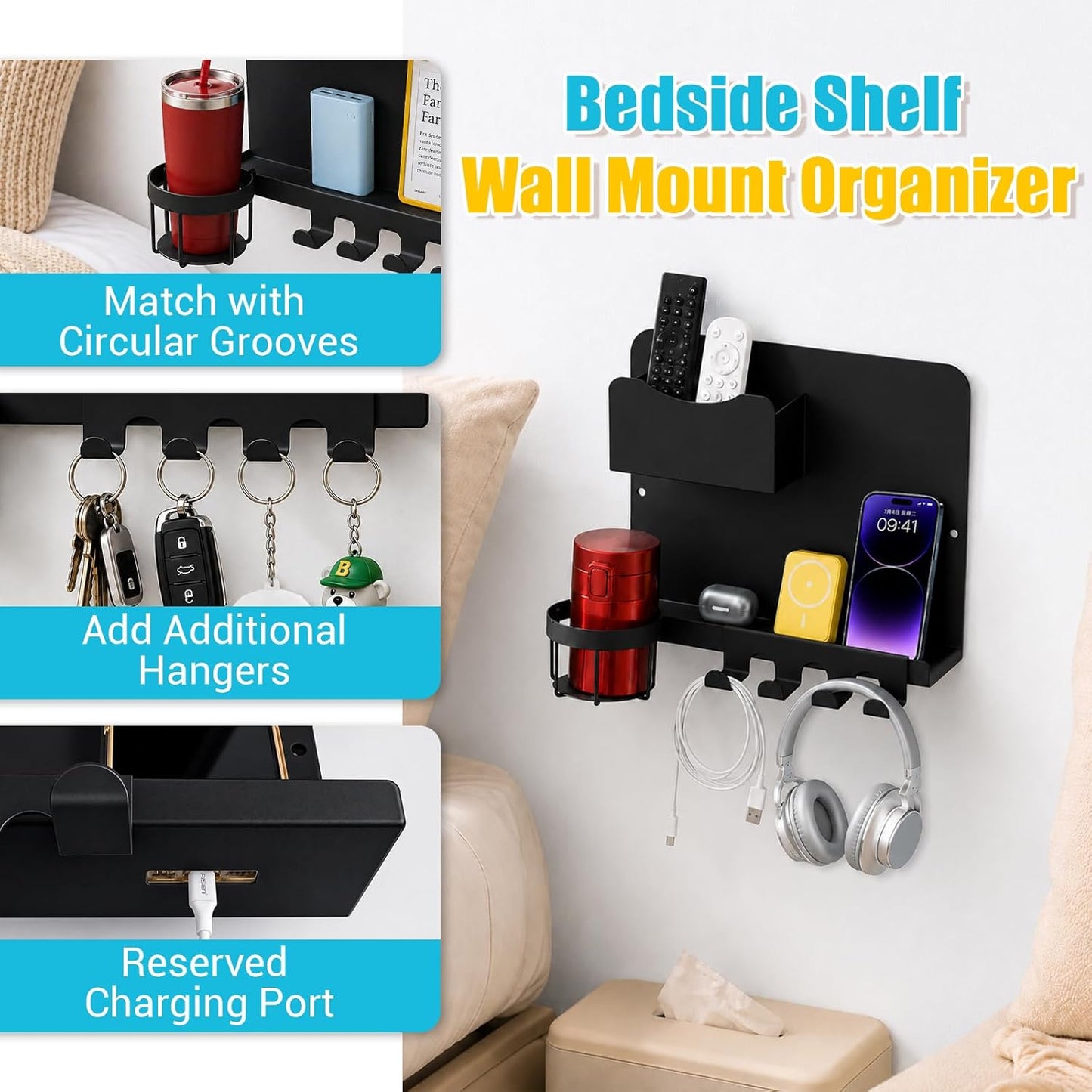 Metal Bedside Wall Shelf, No Drill Floating Bedside Shelf Wall Organizer | Bedside Wall Shelf with Detachable Cup Holder for Bedroom, Dorm, Nightstand Alternative, Bunk Bed Accessories & RV Storage Quick Pick Grocers