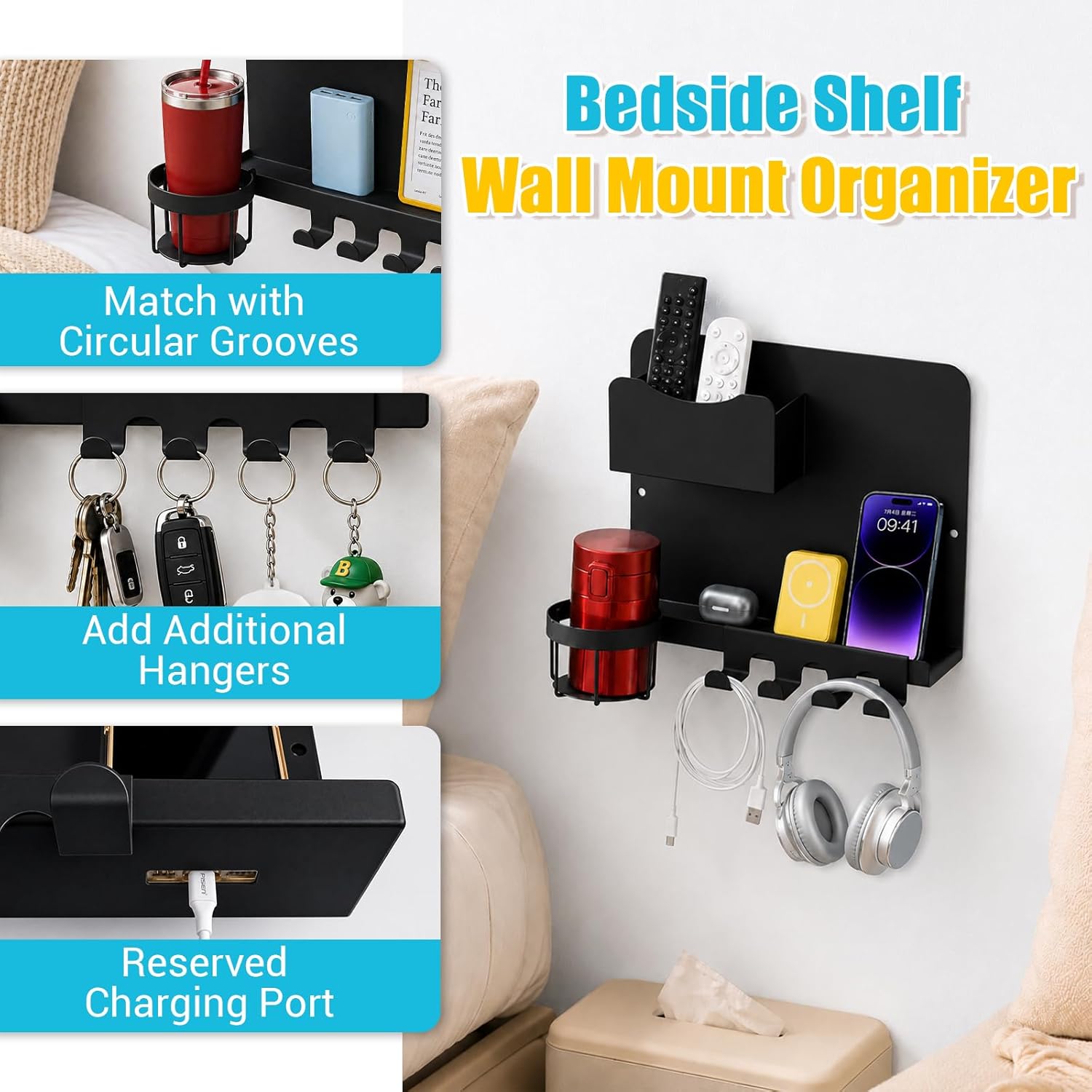 Metal Bedside Wall Shelf, No Drill Floating Bedside Shelf Wall Organizer | Bedside Wall Shelf with Detachable Cup Holder for Bedroom, Dorm, Nightstand Alternative, Bunk Bed Accessories & RV Storage Quick Pick Grocers