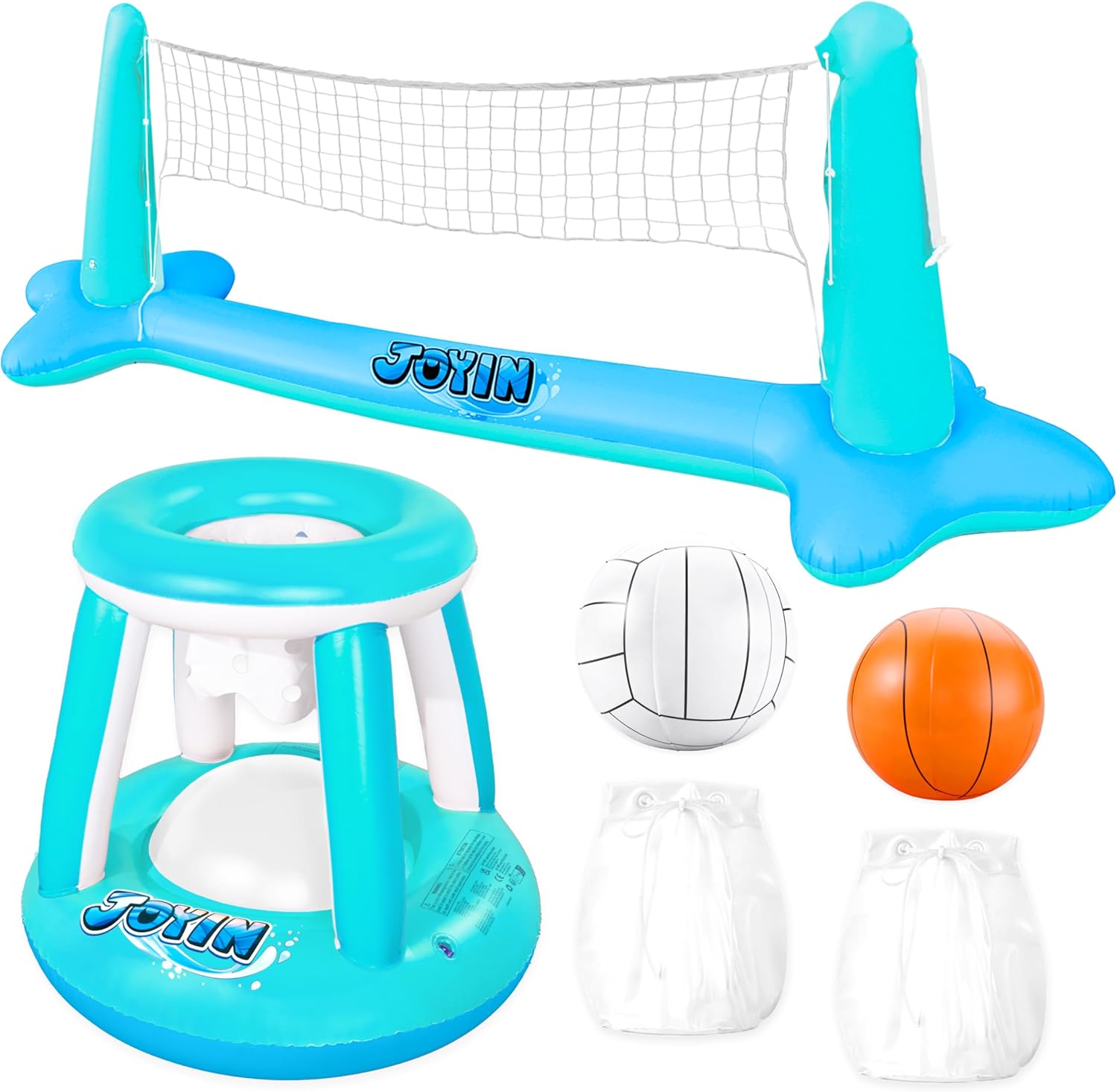 JOYIN Inflatable Pool Float Set Volleyball Net & Basketball Hoops, Balls Included for Kids and Adults Swimming Game Toy, Summer Floaties, Volleyball Court |Basketball Quick Pick Grocers