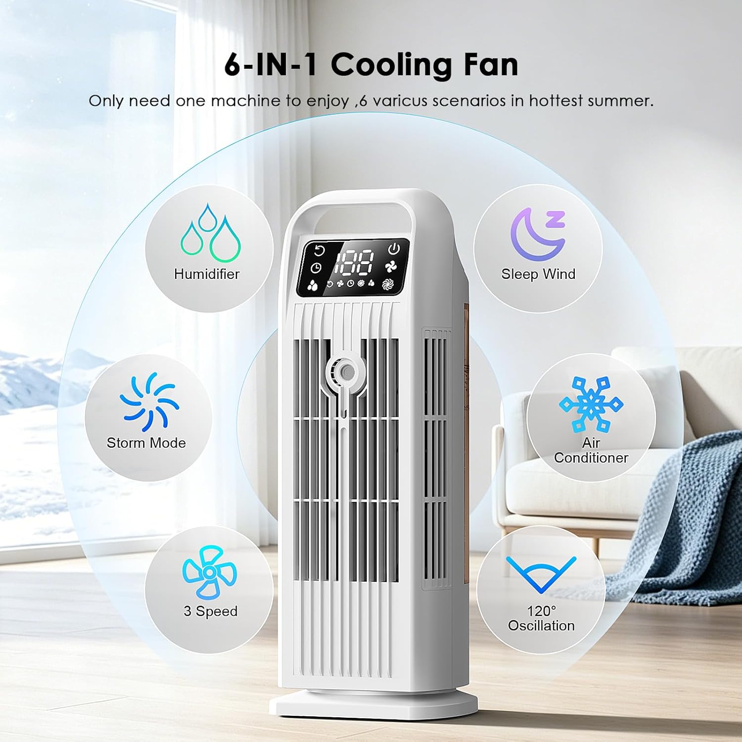 Portable Air Conditioners, 4 IN 1 Evaporative Air Cooler, 1200ML Water Tank, 3 Speeds & Storm Mode & Mist Spray, 120° Auto Oscillation, 12H Timer, Quiet Tower Cooling Fan for Room, Bedroom - White ﻿ Quick Pick Grocers