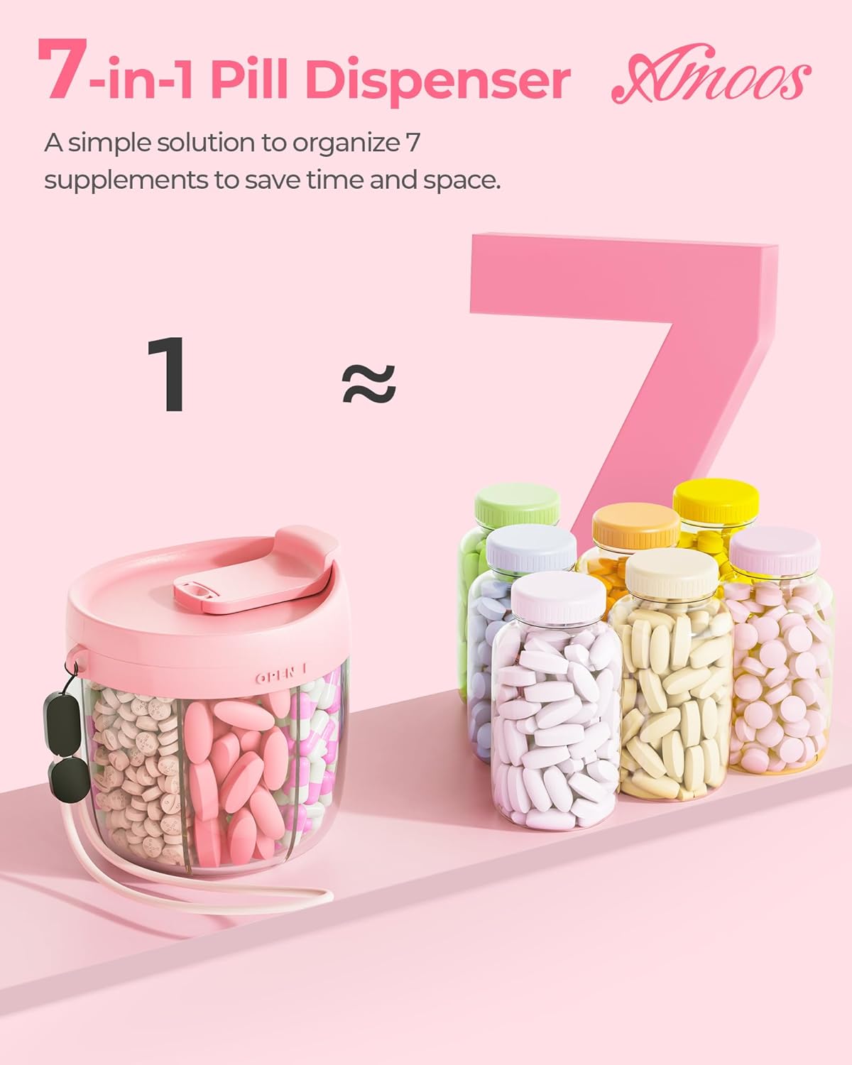 AMOOS Cute Pill Dispenser with 7 Large Compartments, Portable Pill Bottle Organizer with Wide Opening for Easy Use, Anti-Mix Pill Organizer for Travel, BPA-Free Pill Container Quick Pick Grocers