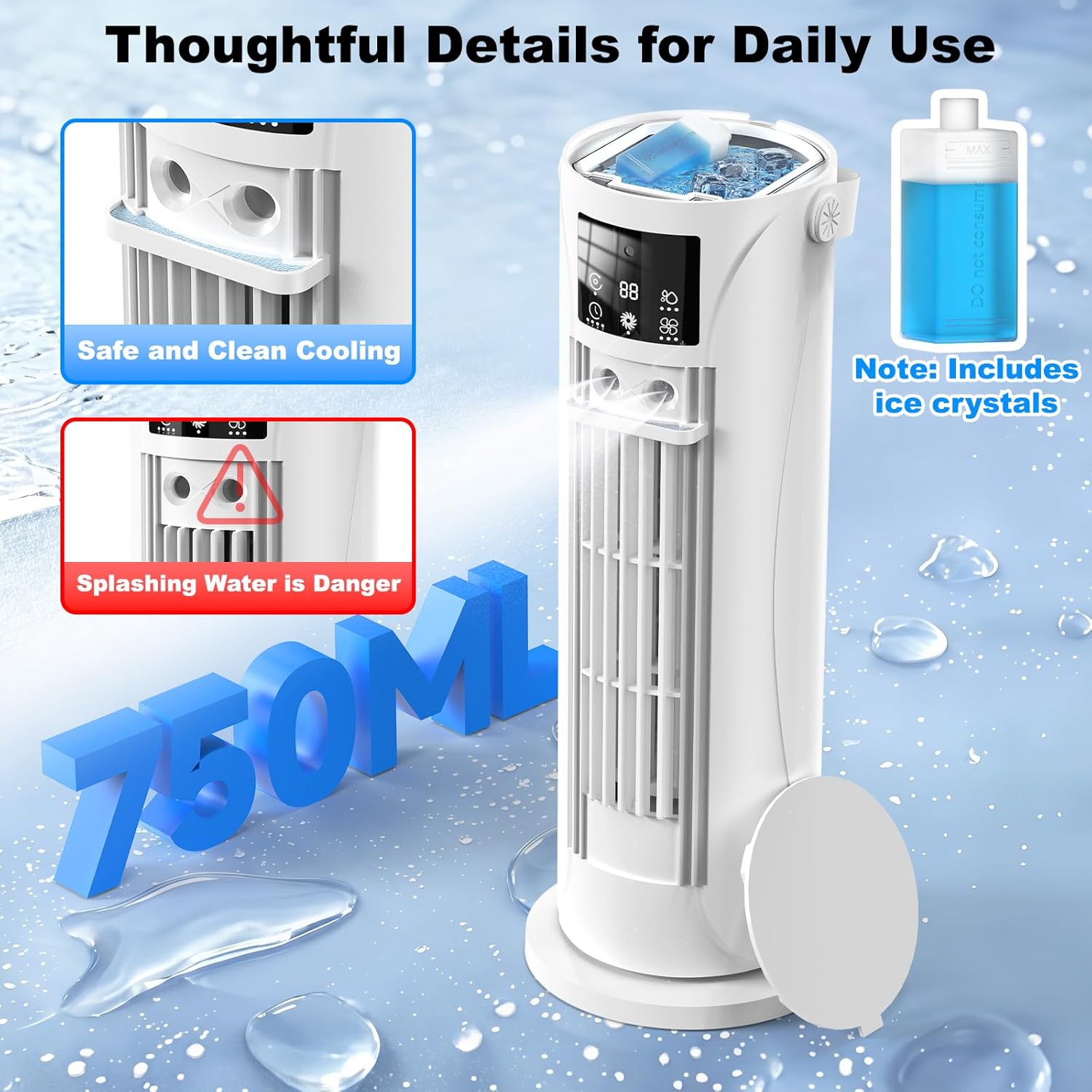 Portable Air Conditioners, 120 °rotating tower fan, portable AC for 3 wind speeds,Storm mode, 8H timing, Evaporative Air Cooler with remote control,750ML water tank, spray,cooling fan for home - white Quick Pick Grocers