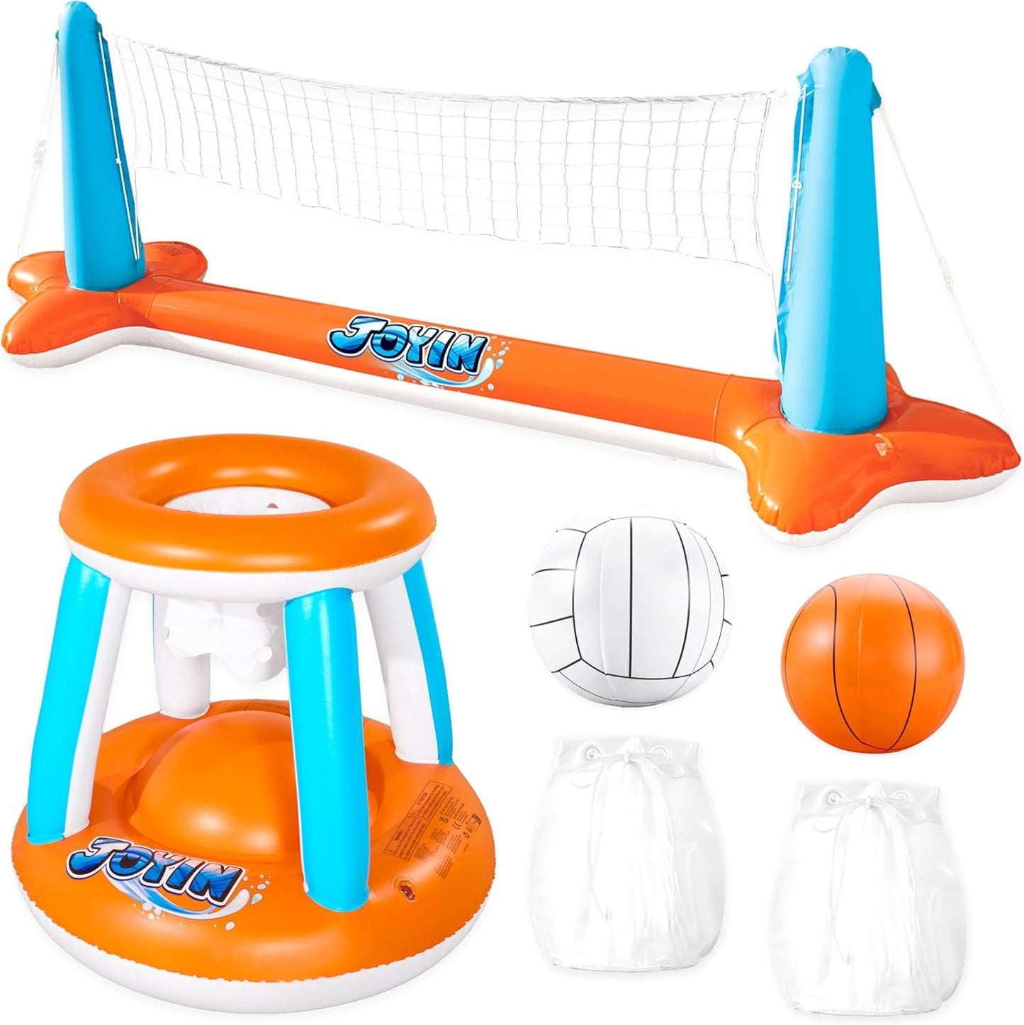 JOYIN Inflatable Pool Float Set Volleyball Net & Basketball Hoops, Balls Included for Kids and Adults Swimming Game Toy, Summer Floaties, Volleyball Court |Basketball Quick Pick Grocers
