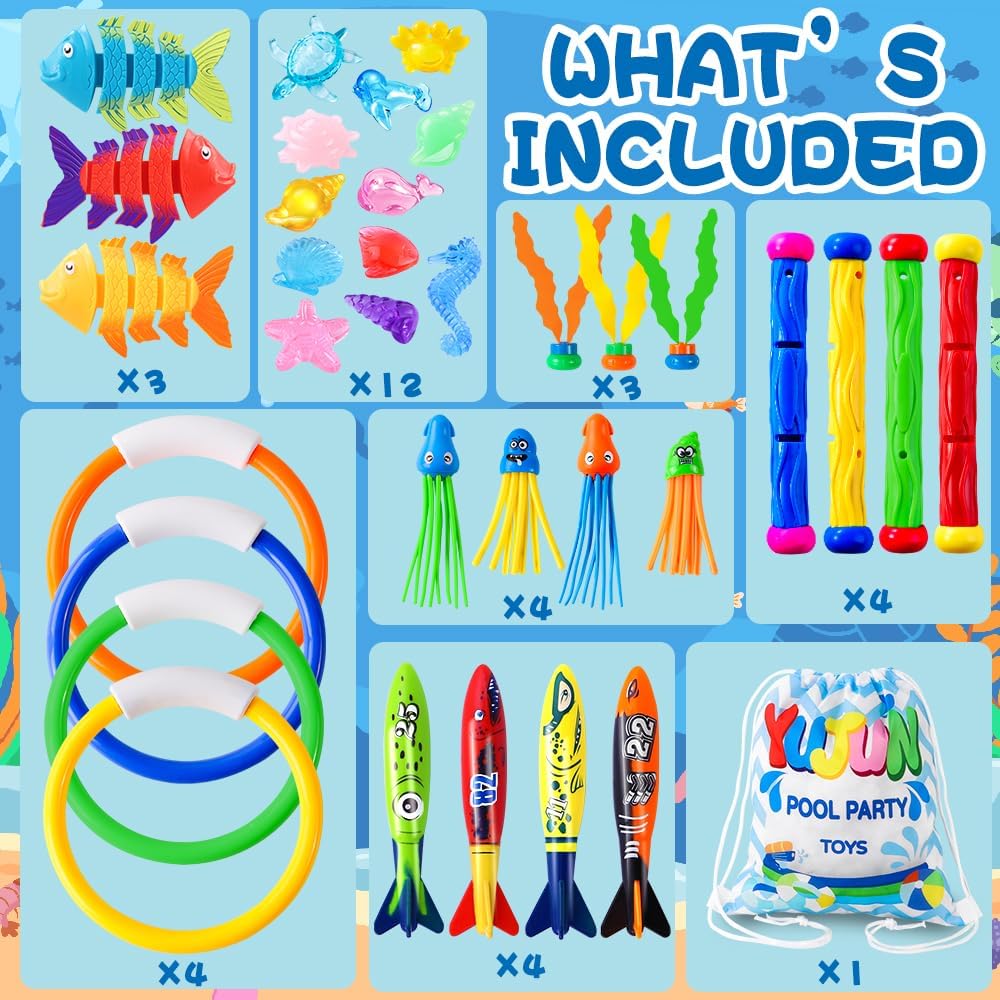 YUJUN Pool Diving Swimming Toys, Summer Underwater Game Toys with Pool Fishes Dive Sticks Rings Gems Storage Bag for Kids Swim Birthday Party Favors Quick Pick Grocers