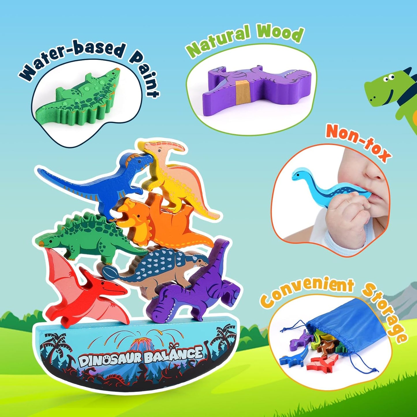 IPOURUP Dinosaur Toys for Kids 3-5: Wooden Stacking Montessori Toys for 3 4 5 6 7 8 Year Old Boys Girls Birthday Gifts for Kid Ages 4-8 Balance Competition Game for Family Stocking Stuffers Quick Pick Grocers