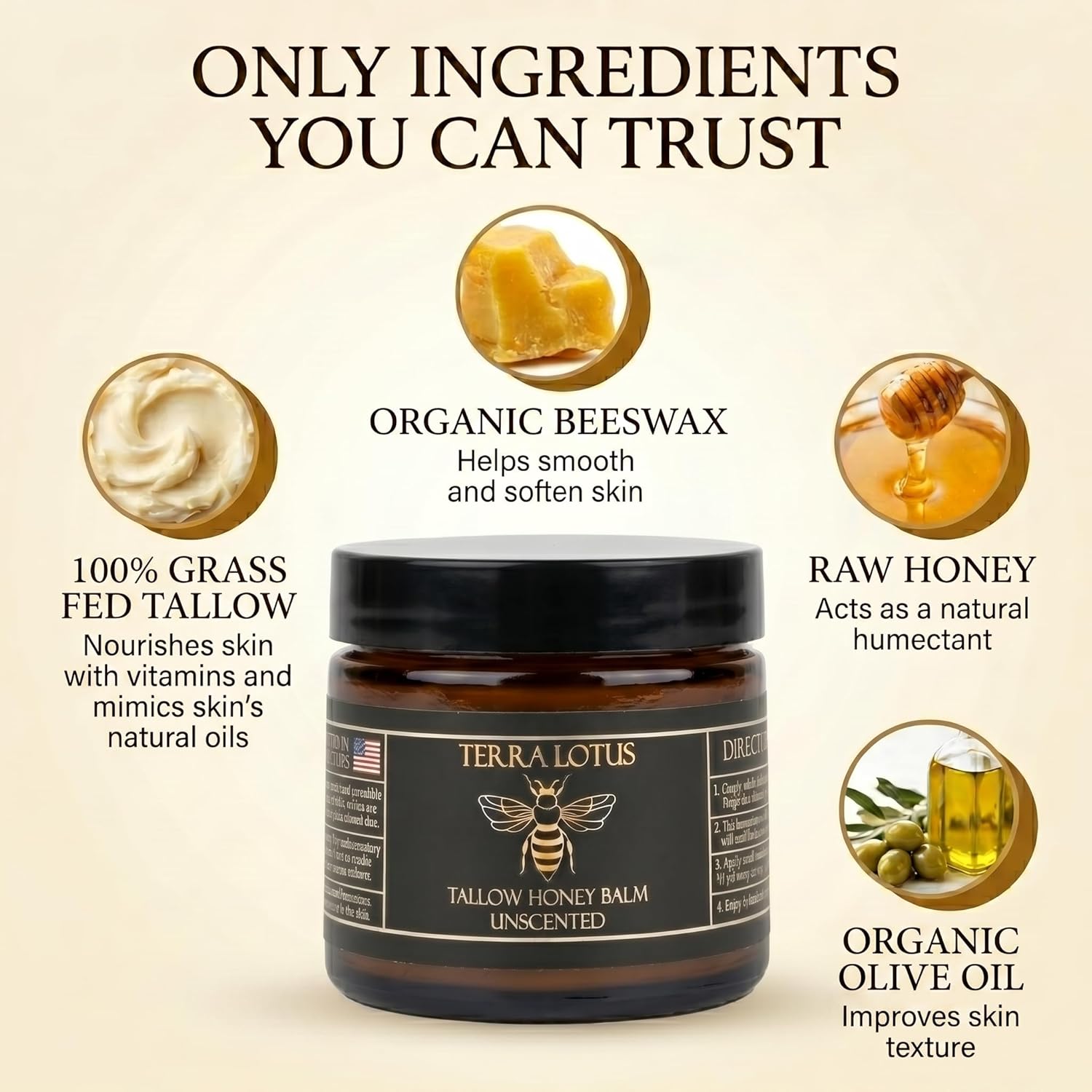 Terra Lotus - Organic Grass-Fed Beef Tallow Balm with Raw Honey - Moisturizing Cream for Soft, Smooth Skin - Handmade All-Natural Moisturizer (2 Oz) Quick Pick Grocers