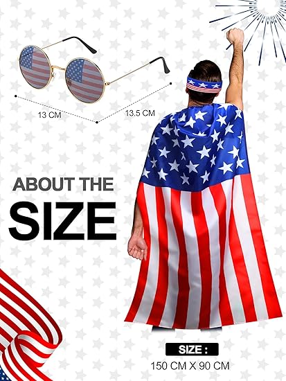 Frienda American Flag Costume Cape, 4th of July 250th Retro 80's USA Sunglasses and Flag Headband for 250th Anniversary Quick Pick Grocers