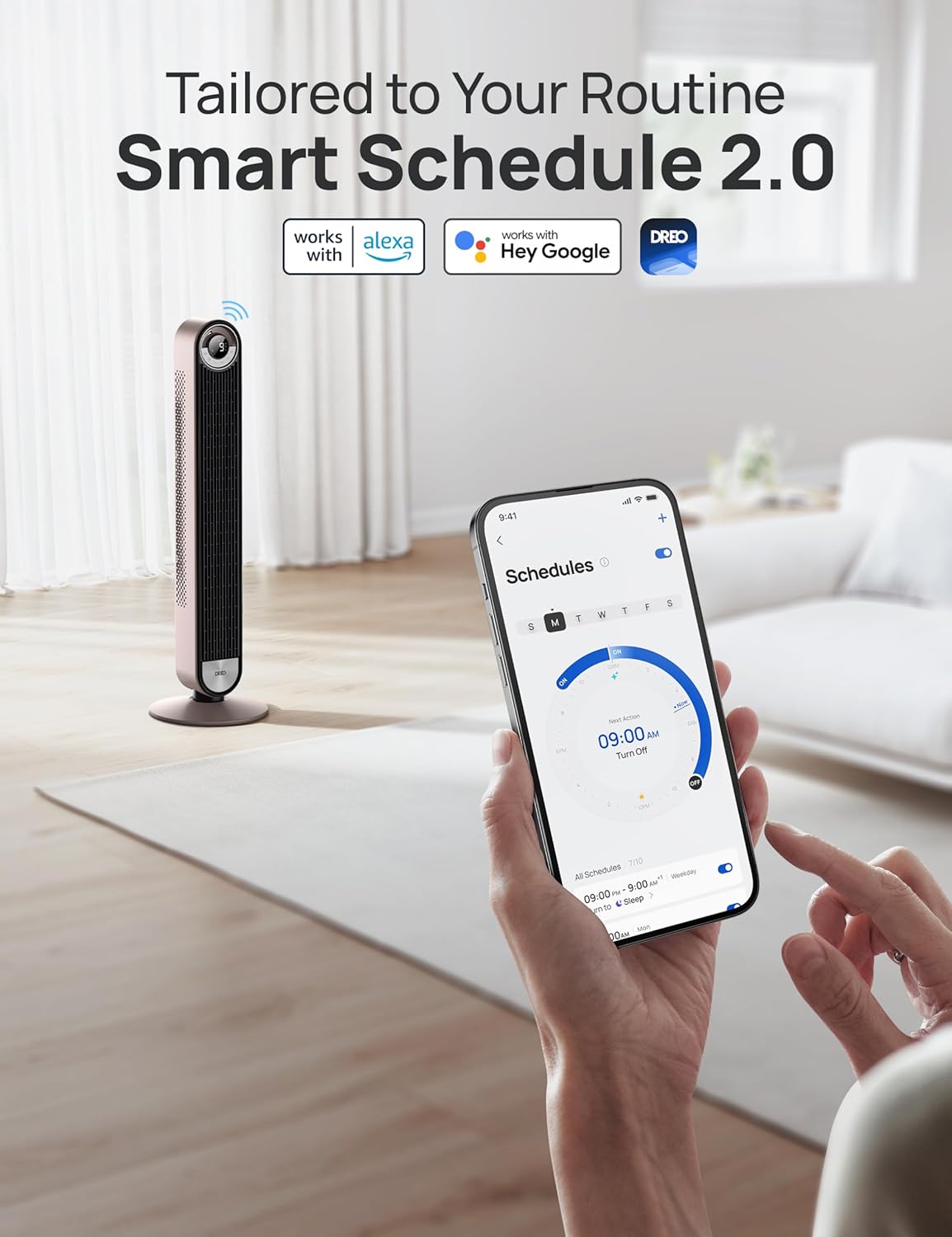 DREO Tower Fan for Bedroom, 90° Oscillating Standing Fan with 28ft/s Velocity, 20dB Quiet for Sleep, DC Motor, 9 Speeds, 4 Modes, 12H Timer, Voice & APP & Remote Control, Starlight Quick Pick Grocers