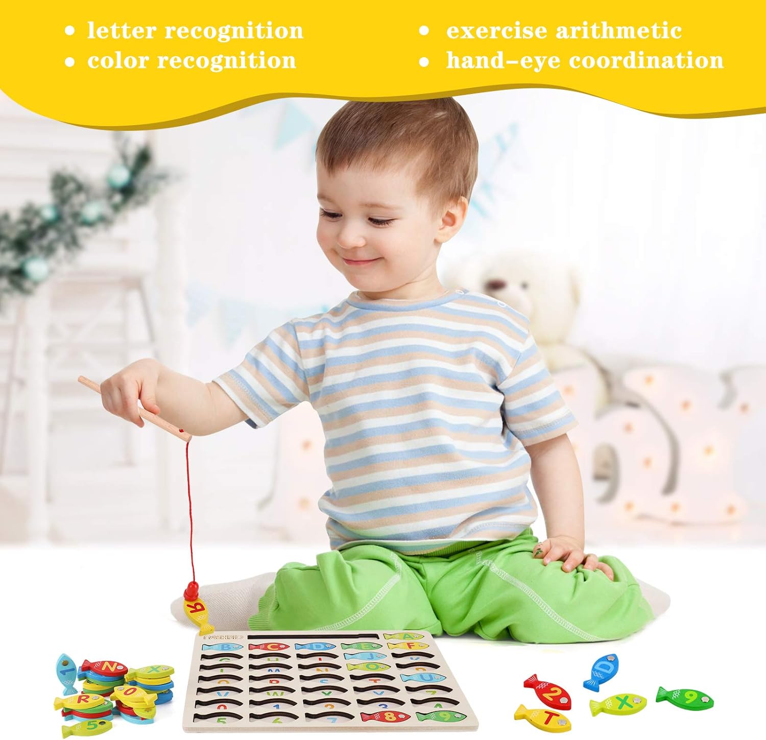 Magnetic Wooden Fishing Game Toy for Toddlers, Alphabet Fish Catching Counting Games Puzzle with Numbers and Letters, Preschool Learning ABC Math Educational Toys 3 4 5 Years Old Girl Boy Kids Quick Pick Grocers